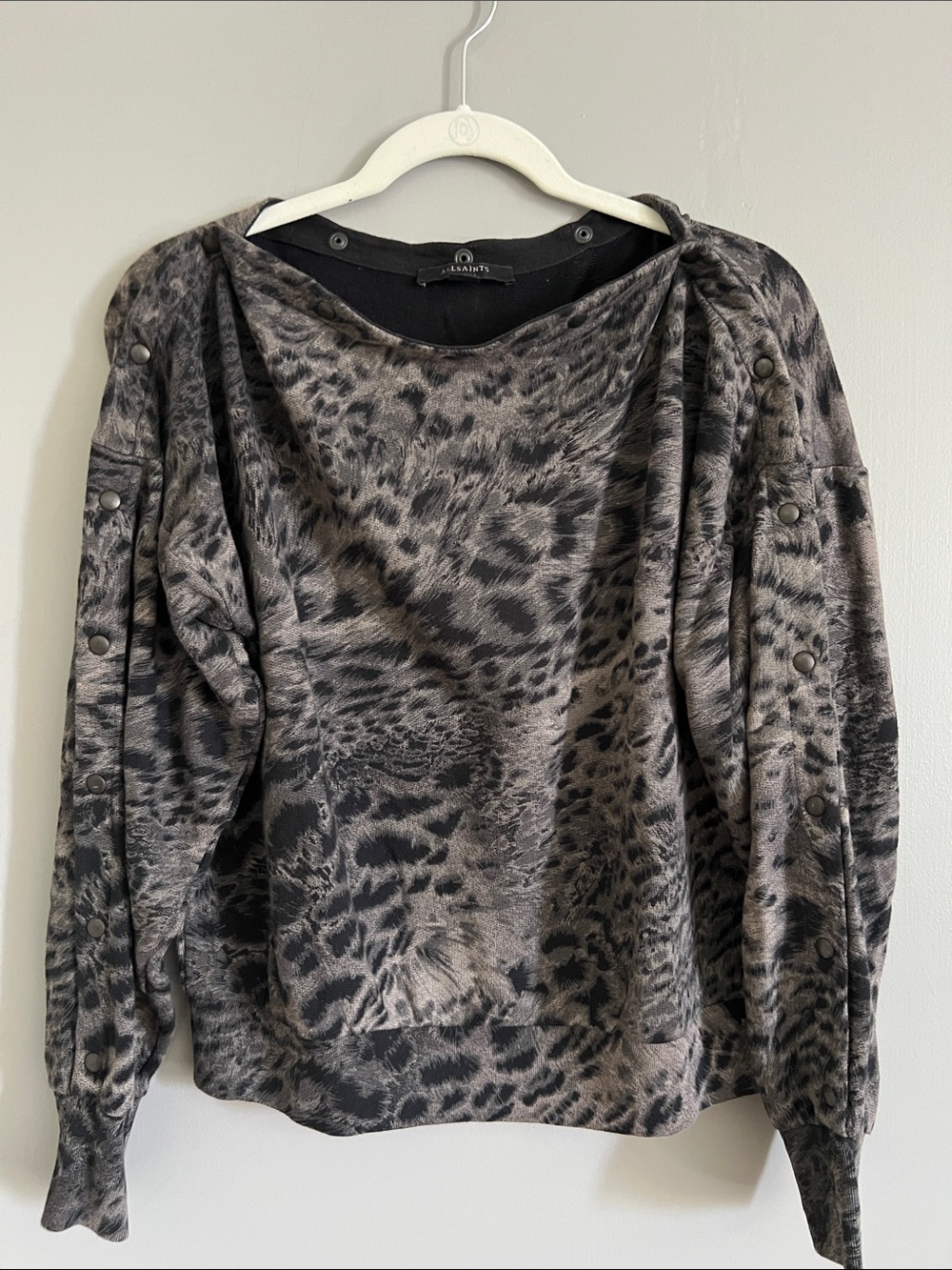 All Saints Women's Gray Leopard Print Pullover Sweater